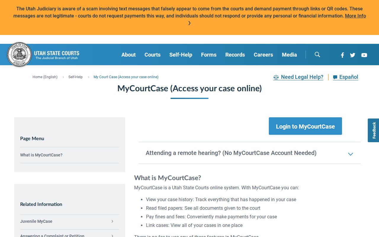 MyCourtCase party access for a Uintah County criminal court case