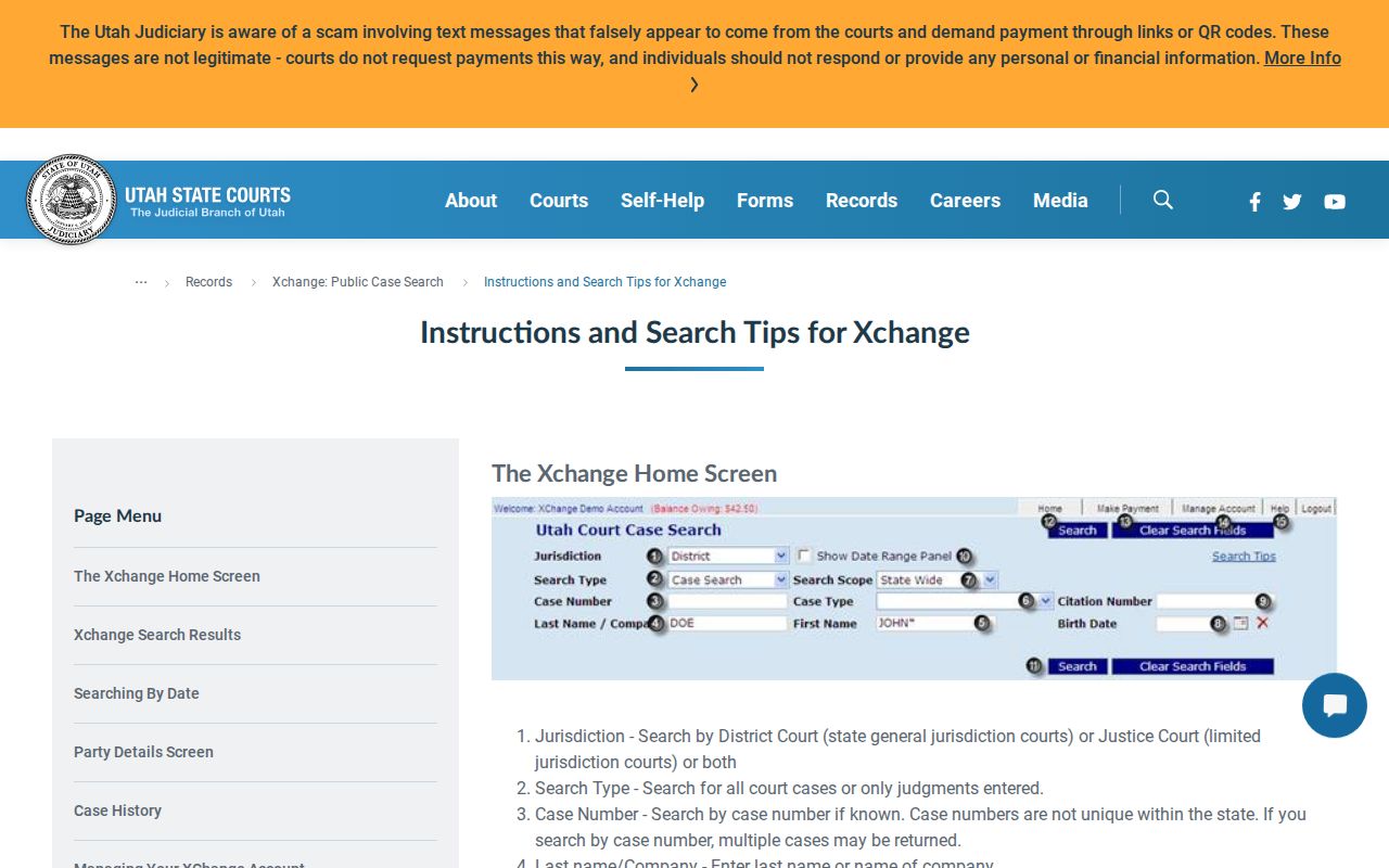 Uintah County criminal case search fields in the Xchange help guide