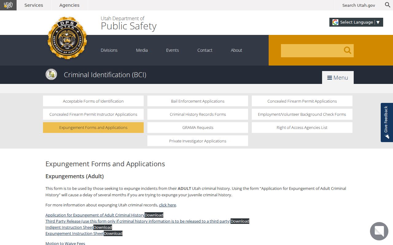 Uintah County criminal history expungement application list
