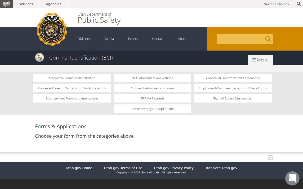 Uintah County criminal record forms at Utah BCI