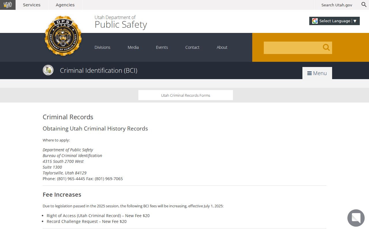 Uintah County criminal history BCI Right of Access page